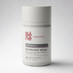 Moonlight Ritual BENE — frente del envase, suplemento nocturno con 5-HTP, pasiflora y magnesio