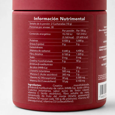 Creatine + HMB BENE — reverso del envase con ingredientes y dosificación