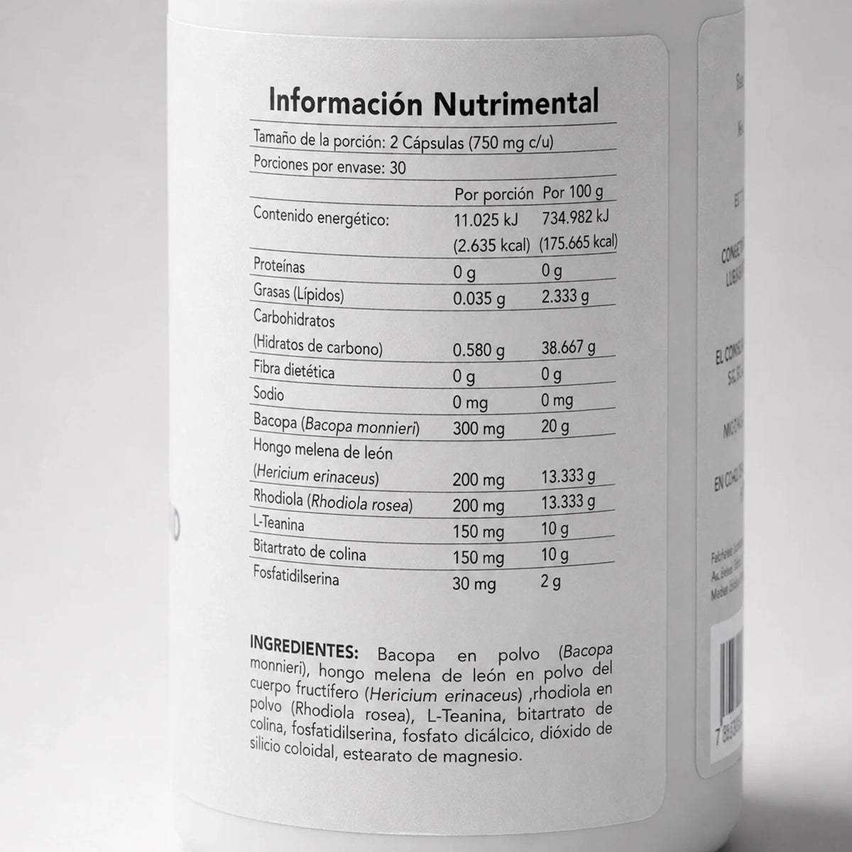 Daily Nootropic Blend BENE — reverso del envase con ingredientes y modo de uso