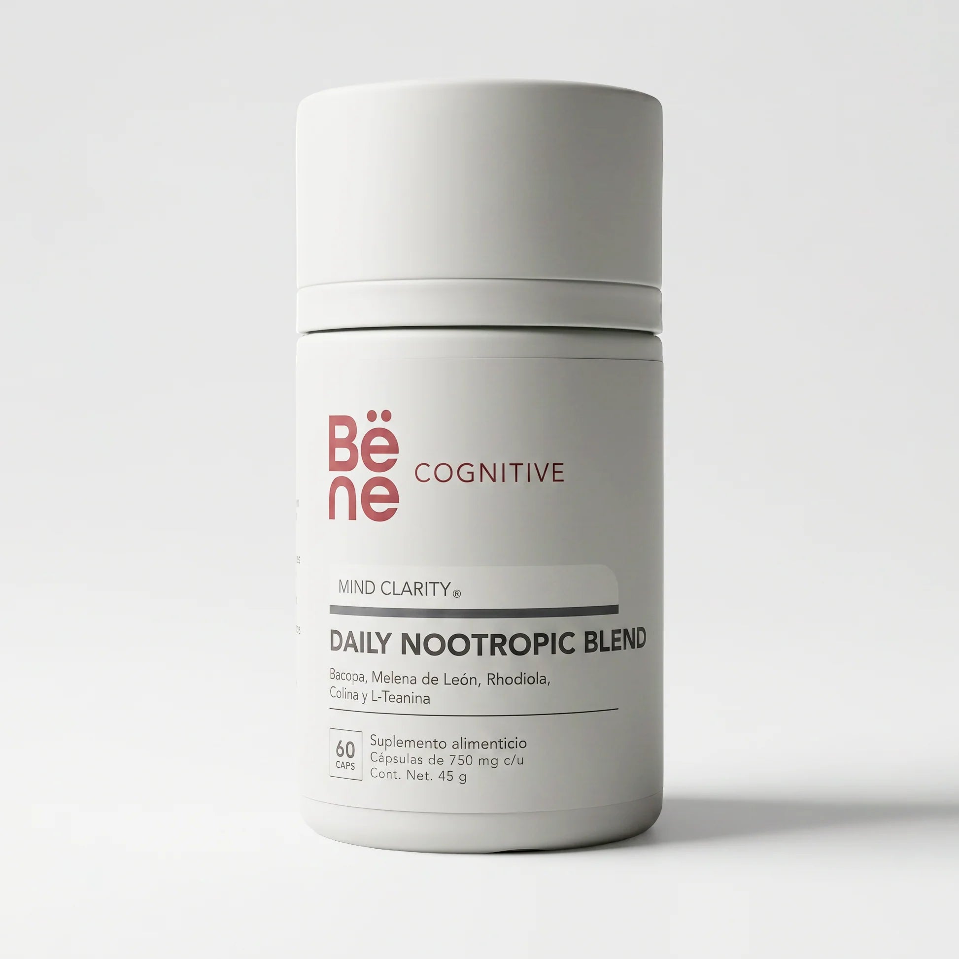 Daily Nootropic Blend BENE — frente del envase, nootrópico con melena de león, bacopa y rhodiola