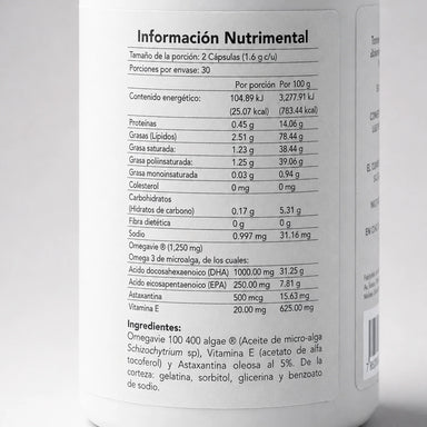 High DHA Omega 3 BENE — reverso del envase con ingredientes y dosificación