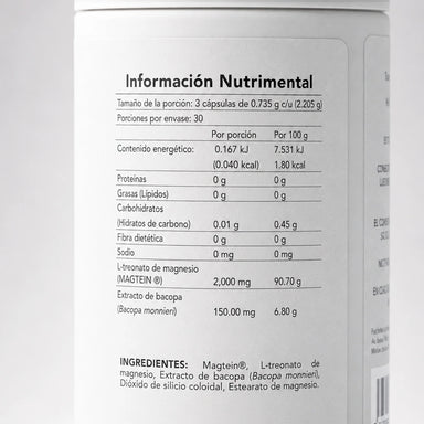 Magnesium L-Threonate + Bacopa BENE — reverso del envase con ingredientes y dosificación