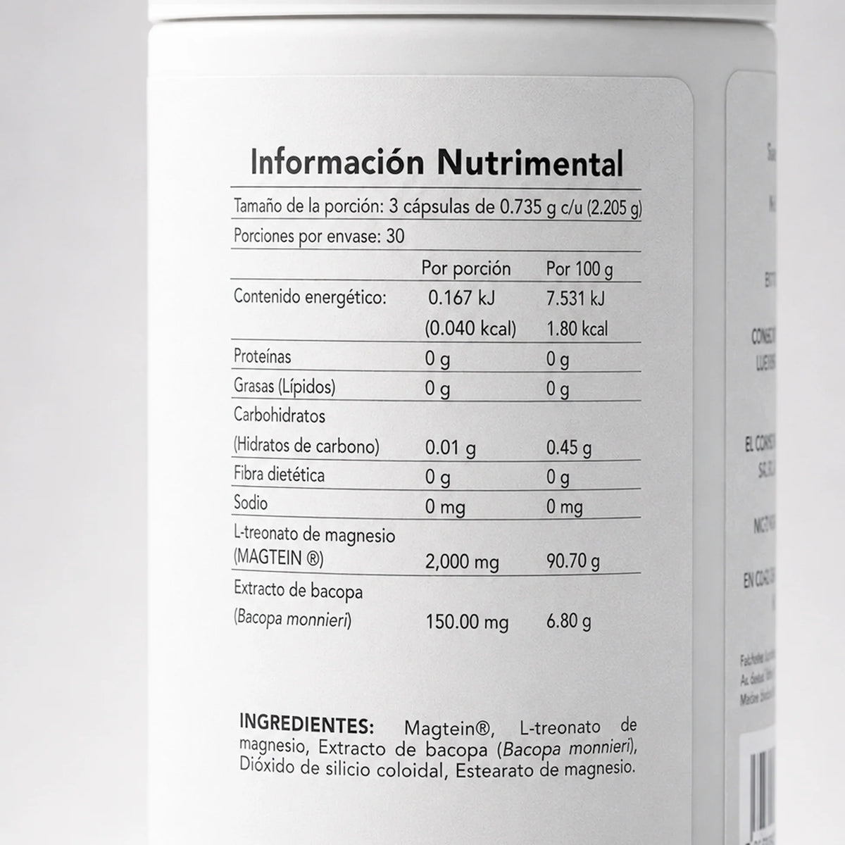 Magnesium L-Threonate + Bacopa BENE — reverso del envase con ingredientes y dosificación
