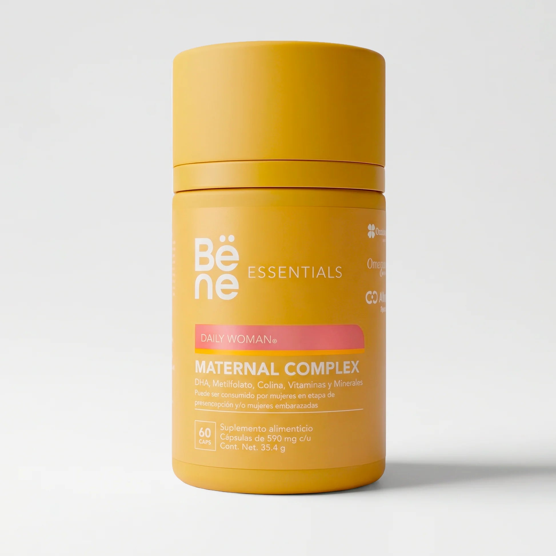 Maternal Complex BENE — frente del envase, suplemento prenatal con omega 3 y metilfolato