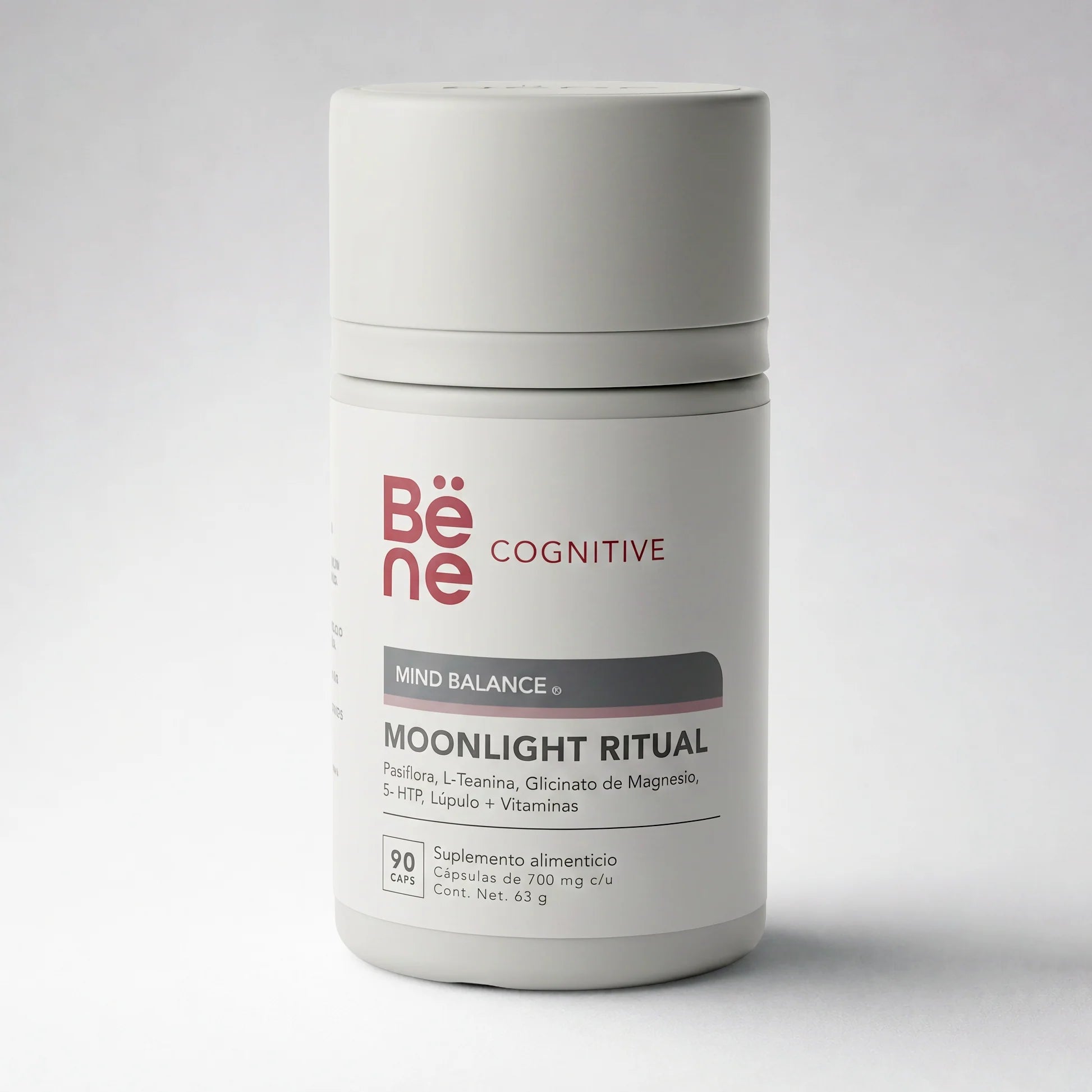 Moonlight Ritual BENE — frente del envase, suplemento nocturno con 5-HTP, pasiflora y magnesio